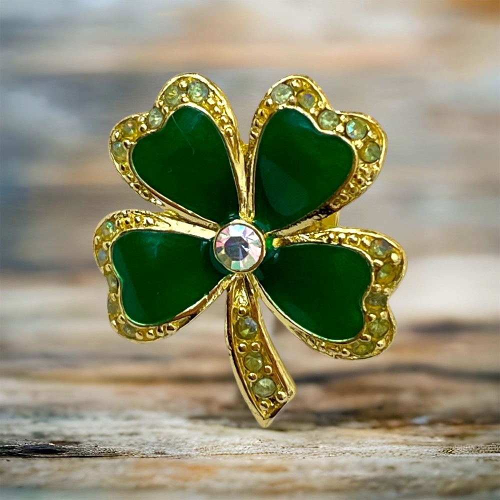 4 Four Leaf Clover Shamrock Pin Green Gold Rhinestone (vintage / signed)